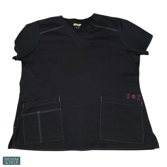 WonderWink WonderFlex Black VNeck Utility Scrub Top Stretch Pockets XL Boho Chic - Picture 2 of 9